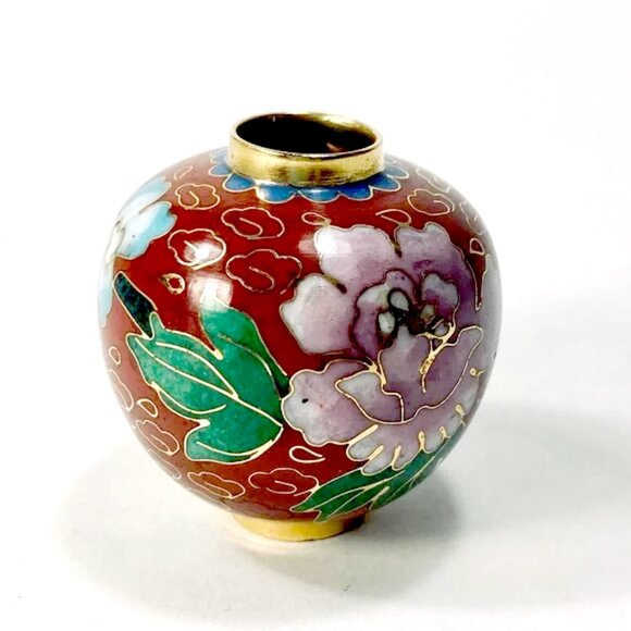2" Cloisonné Chinese Enamel Inlay Miniature Floral Brass Vase - Picture 1 of 16